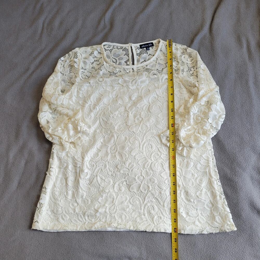 OLIVIA BLU Floral Lace Blouse Womens Large Cream 3/4 Sleeve Scrunched Lining - Picture 4 of 13